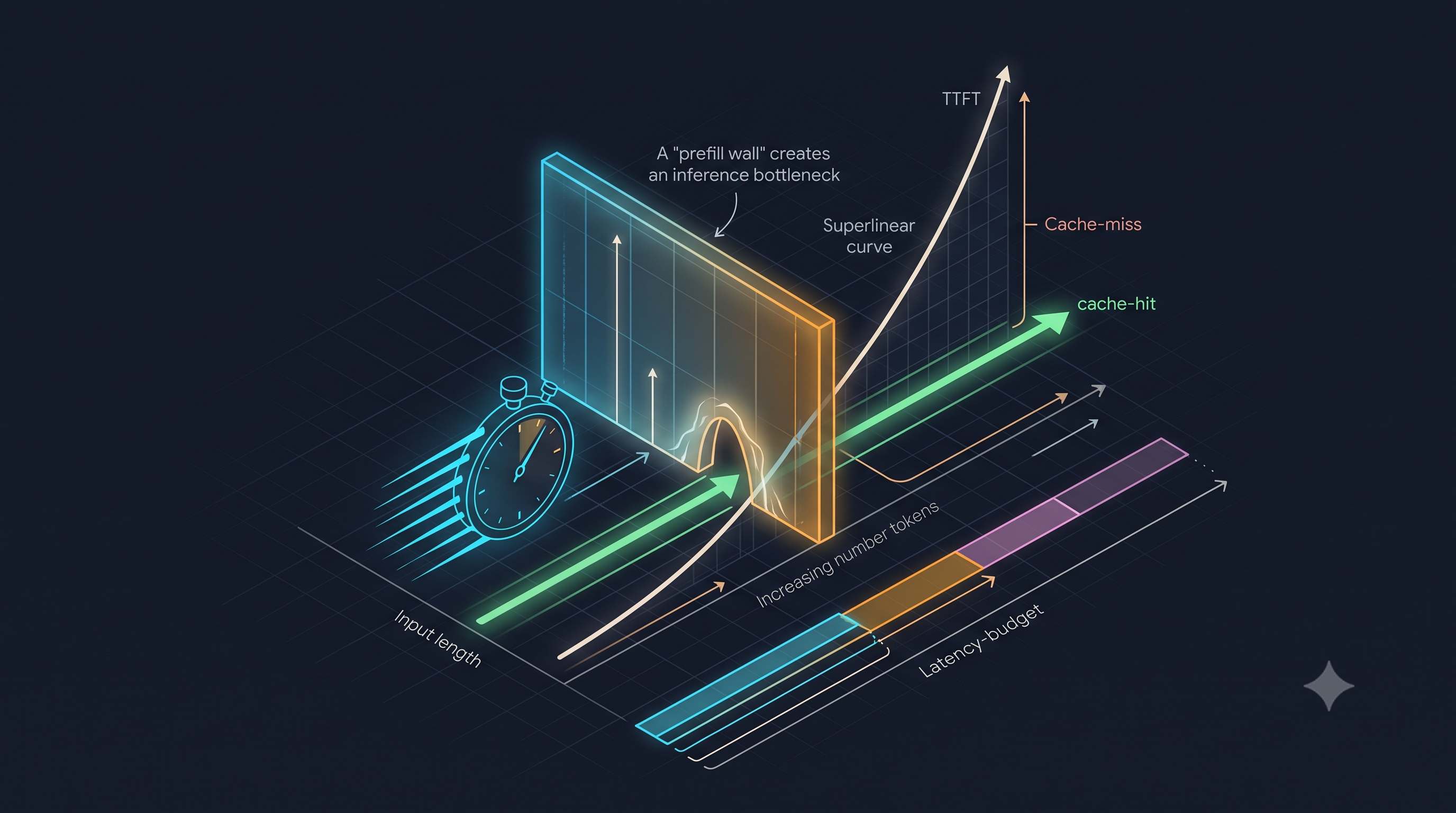 The latency budget for one request pipeline. Retrieval stages add tens of milliseconds to remove tens of thousands of prefill tokens — a near-always-positive trade. TTFT is dominated by the uncached suffix on a cache hit and by the full prefix on a miss.